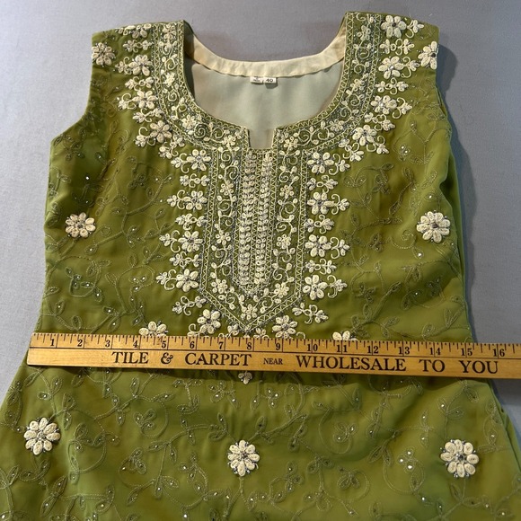 Vintage Indian Olive Green Sleeveless Kurti Tunic Dress Floral Beaded Embroidery - Picture 7 of 8